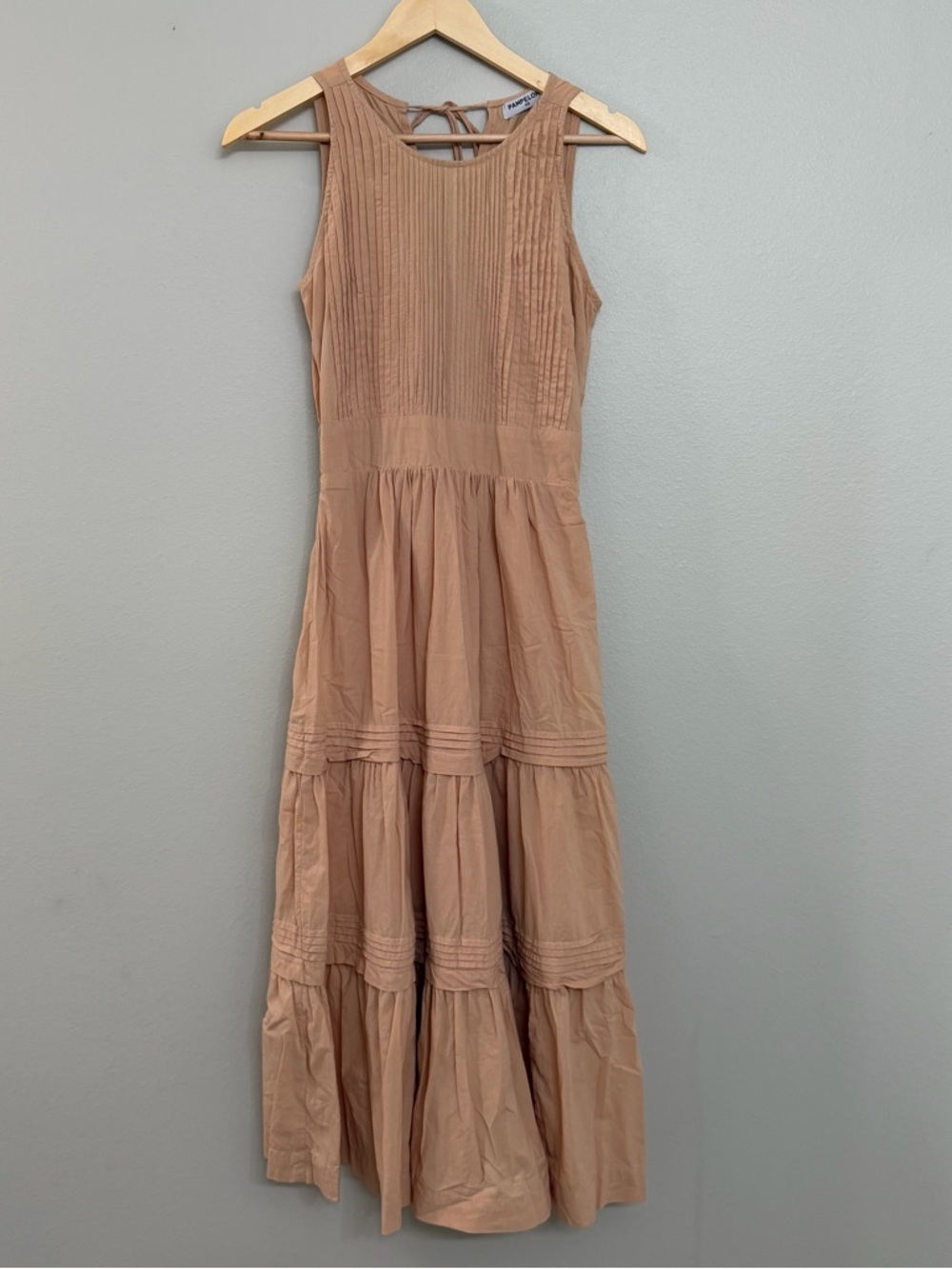 Sleeveless Tiered Midi Dress in Light Tan with Back Tie